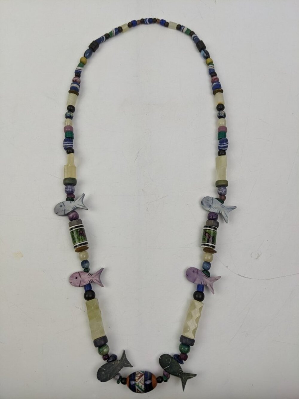 Vintage Native American Multi Stone Fish Fetish Necklace Heisi Beads